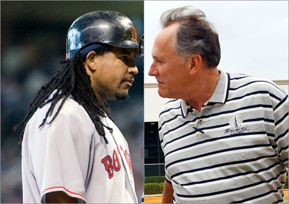 Red Sox longtime traveling secretary Jack McCormick and Red Sox outfielder Manny Ramirez