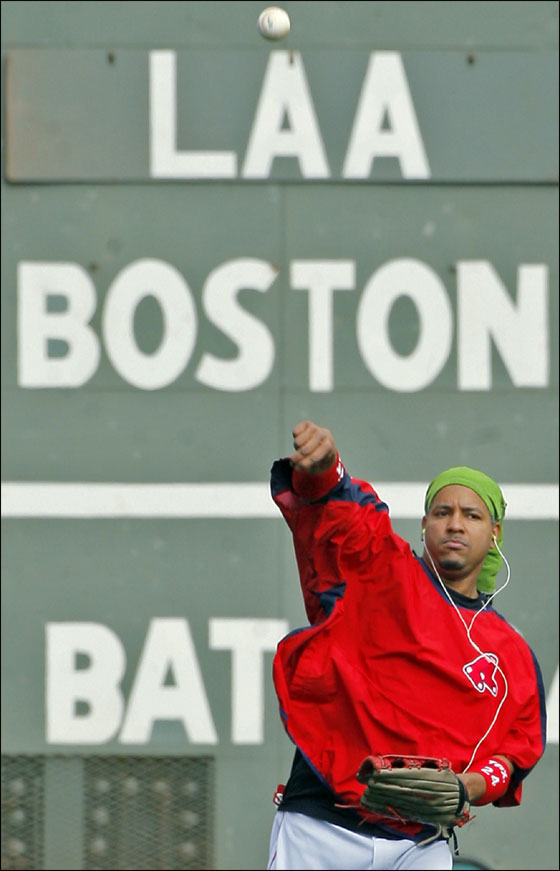 The Red Sox will open the 2007 American League Division Series at Fenway Park tomorrow night vs. the Los Angeles Angels of Anaheim. Today, leftfielder Manny Ramirez, with his music and his green hair covering worked out.