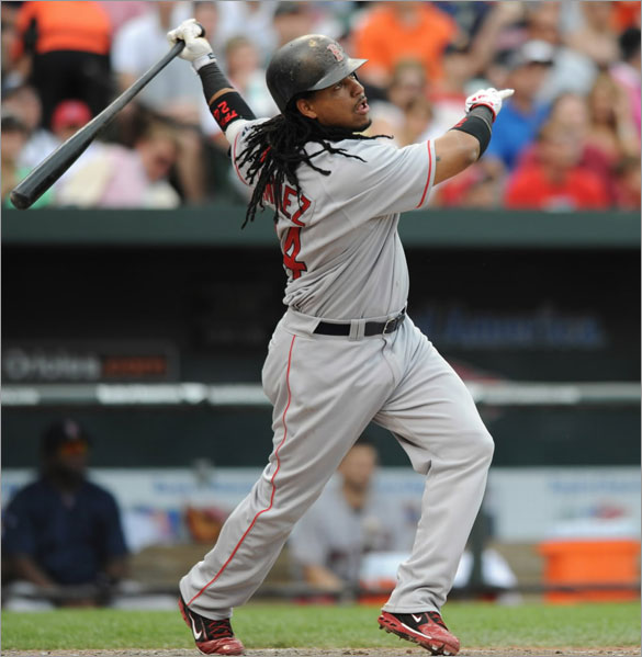 Manny Ramirez follows through on a two-run home run against the Baltimore Orioles during the fourth inning of a baseball game Sunday, June 1, 2008, in Baltimore. 