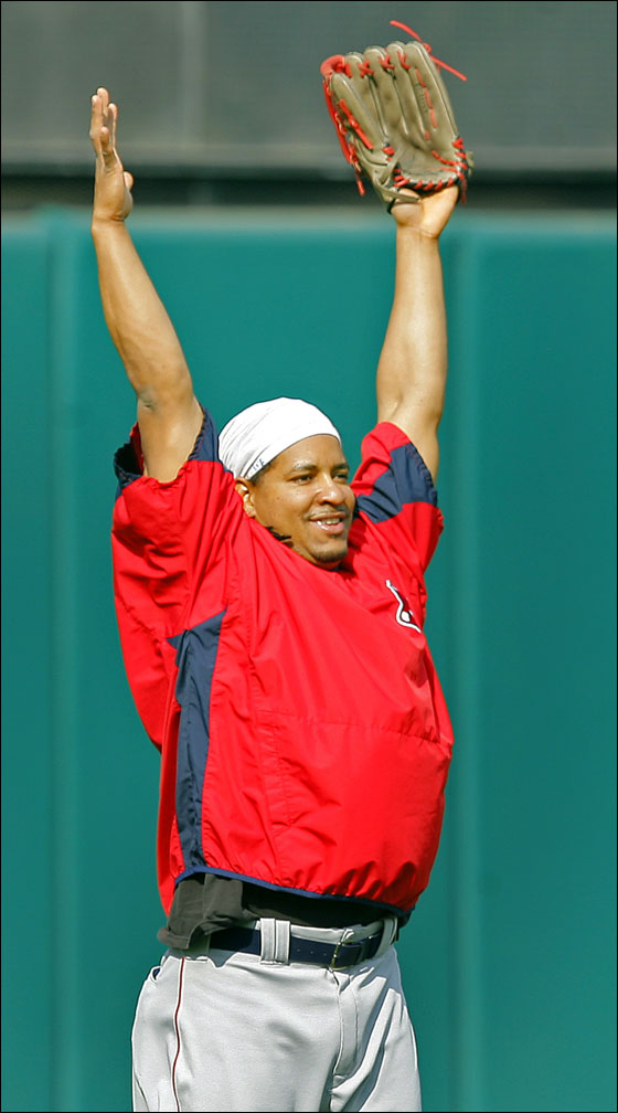 He isn't really recreating his home run pose from Game Four, Manny Ramirez is signaling 