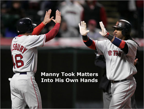 Manny Ramirez, right, is greeted by teammate Jacoby Ellsbury after Ramirez's two-run homer off Cleveland Indians relief pitcher Joe Borowski broke a tie in the ninth inning of a baseball game Monday, April 14, 2008, in Cleveland.