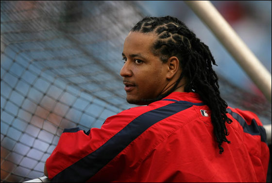 Manny Ramirez of the Boston Red Sox watches batting practice before a game against the New York Yankees on August 29, 2007 at Yankee Stadium in the Bronx borough of New York City.