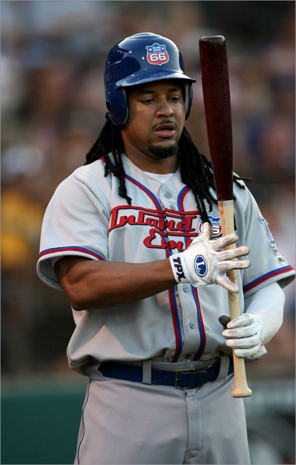 Manny Ramirez of the Inland Empire 66ers waits on deck against the Lake Elsinore Storm on June 27, 2009 at the Lake Elsinore Diamond in Lake Elsinore, California. Ramirez is preparing for hsi return to the Los Angeles Dodgers after a 50 game suspension.