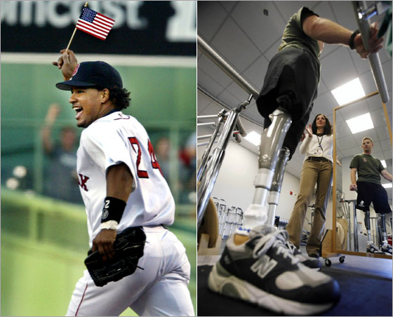 Left: Manny Ramirez took the field for his first game as an American citizen May 11, 2004. Right: U.S. Marine 1st Lieutenant Andrew Kinard works with physical therapist Kyla Dunlavey during his rehabilitation at the Military Advanced Training Center at Walter Reed Army Medical Center in Washington, in this November 6, 2007 file photo. Kinard lost both legs to an improvised explosive device (IED) while on patrol in Rawah, Iraq in October 2006