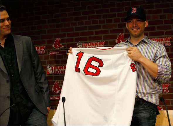 New Red Sox shortstop Marco Scutaro appeared at today's press conference at Fenway Park with Red sox General Manager Theo Epstein.