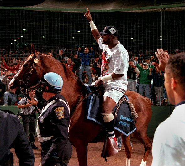 9-20-95: Mo Vaughn on his victory ride following the teams' clinching of the American League East title.