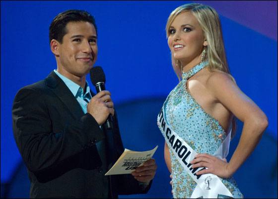 Lauren Caitlin Upton, Miss South Carolina answering a question from host Mario Lopez, left,  during the interview portion of the Miss Teen USA 2007 competition