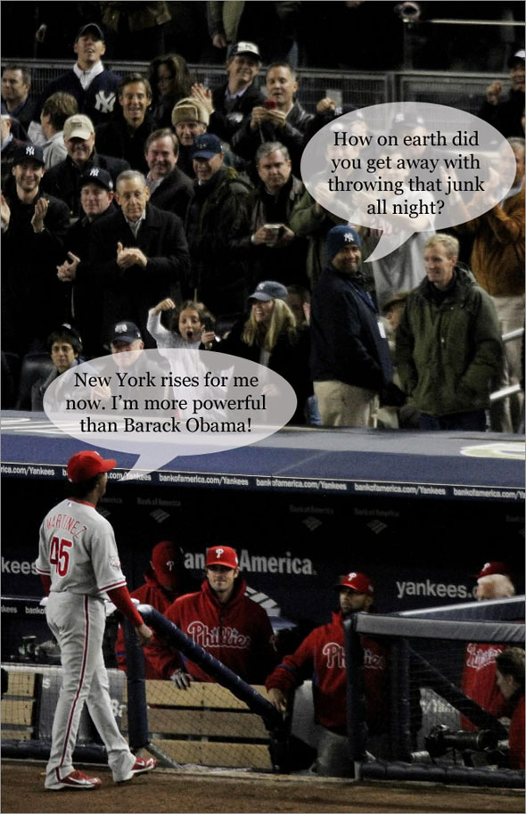 Pedro Martinez #45 of the Philadelphia Phillies is heckled by fans as he comes out of the game in the seventh inning against the New York Yankees in Game Two of the 2009 MLB World Series against at Yankee Stadium on October 29, 2009 in the Bronx borough of New York City.