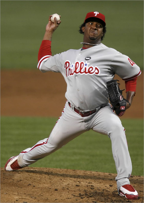 Phillies Pedro Martinez throws to the Chicago Cubs during the second inning of their MLB National League baseball game in Chicago August 12, 2009.