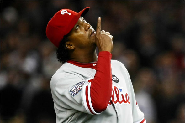 Starting pitcher Pedro Martinez of the Philadelphia Phillies comes out of the game in the seventh inning against the New York Yankees in Game Two of the 2009 MLB World Series against at Yankee Stadium on October 29, 2009 in the Bronx borough of New York City.