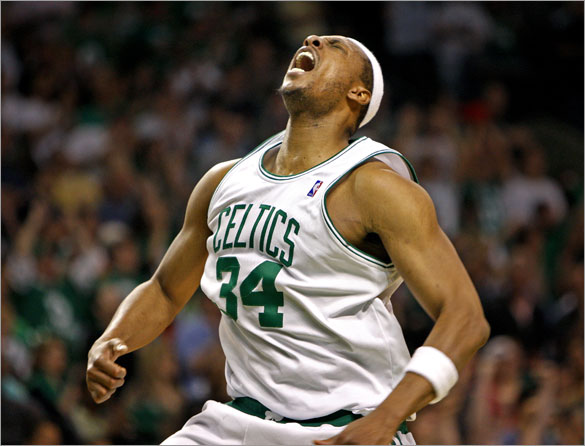 Celtics captain Paul Pierce screams with delight after a play went Boston's way late in their 97-92 series clinching victory over the Cavaliers. 