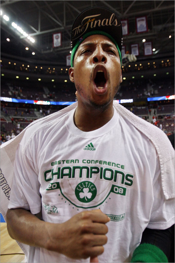 Paul Pierce  of the Boston Celtics celebrates after defeating the Detroit Pistons to advance to the NBA Finals in Game Six of the Eastern Conference finals during the 2008 NBA Playoffs at the Palace of Auburn Hills on May 30, 2008 in Auburn Hills, Michigan.