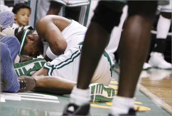 Paul Pierce  on the floor after getting hurt in the third quarter. Boston Celtics play against Los Angeles Lakers in NBA Finals on Thursday, June 5th, 2008 at TD Banknorth Garden