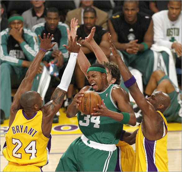 06/10/08 - Boston Celtics forward Paul Pierce is surrounded by Laker defenders during Game 3