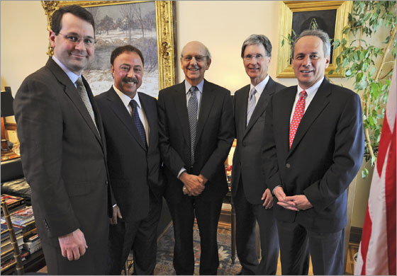 This photo provided by the Boston Red Sox shows Supreme Court Justice Stephen G. Breyer, center, who administered an oath of office to Red Sox Nation president Jerry Remy, second from left, and vice president Rob Crawford, left, Wednesday, Feb. 27, 2008, in Washington. Team owner John Henry, second from right, and CEO Larry Lucchino, right, also were present.