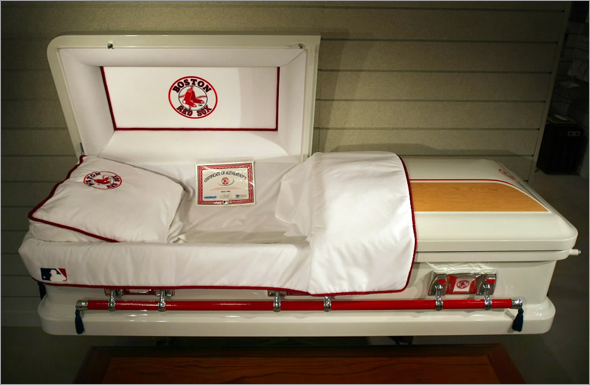 The world's first officially licensed Red Sox Casket for sale at the Magoun-Biggins Funeral Home. 