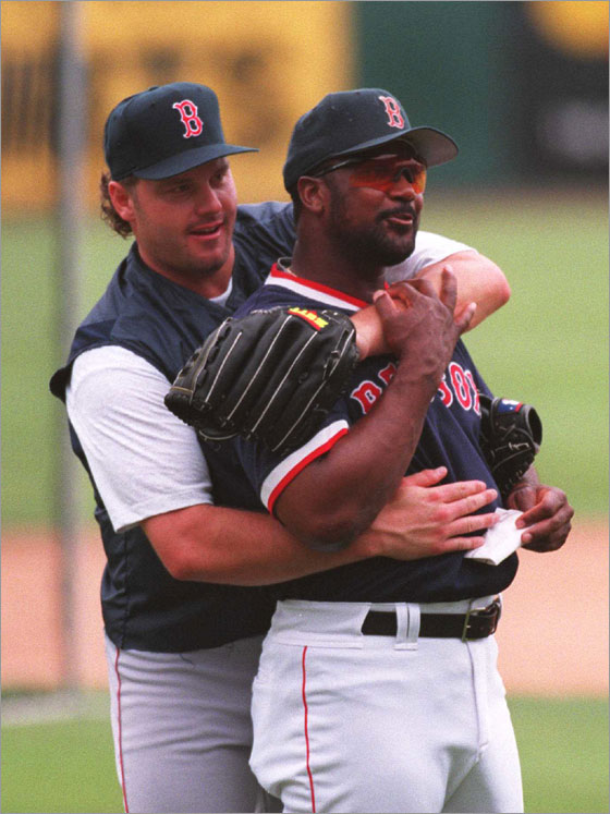 BDD -- 4.6.95 Roger and hitting coach Jim Ed horsing around with the Red Sox