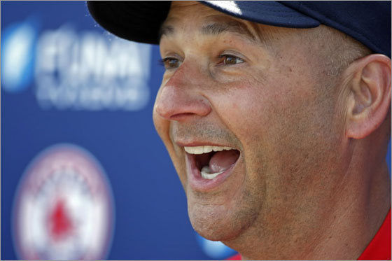 Red Sox manager Terry Francona cracks a big smile during his daily press briefing after the workout