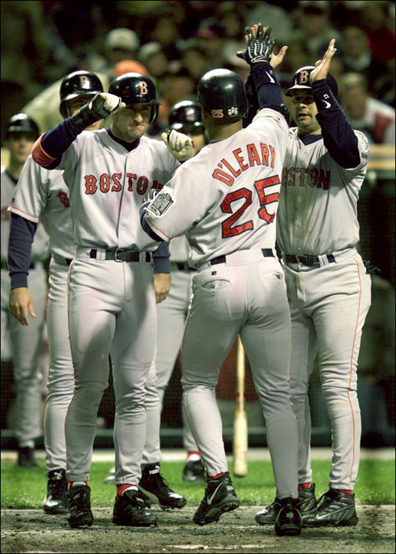 Red Sox Cleveland Game 5, 1999 -- Troy O'Leary is greeted at home after his grand slam against the Indians. 
