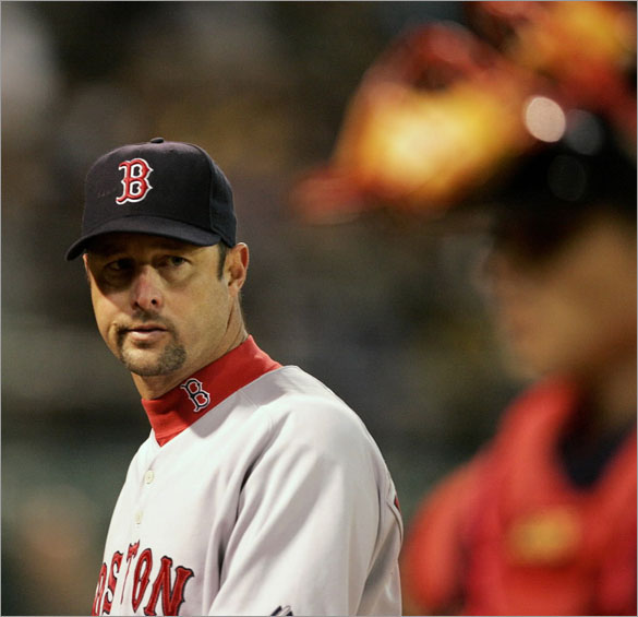 Tim Wakefield is pulled out of the game in the sixth inning of their MLB baseball game against the Oakland Athletics in Oakland, California, May 23, 2008