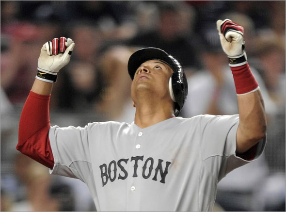 Red Sox batter Victor Martinez hit a two-out, two-run double last night