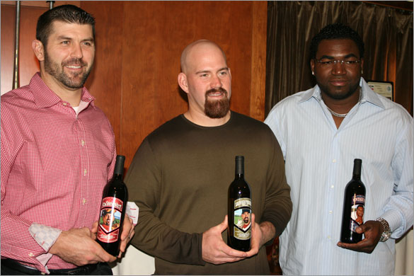 BDD - David Ortiz (Vintage Papi), Kevin Youkilis
(SauvignYoouuk Blanc) and Jason Varitek (Captain Cabernet) from their
Longball Cellars Charity Wine Launch from today at Fenway Park