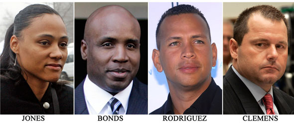 These are 2008 file photos showing Marion Jones, Barry Bonds, Alex Rodriguez and Roger Clemens.