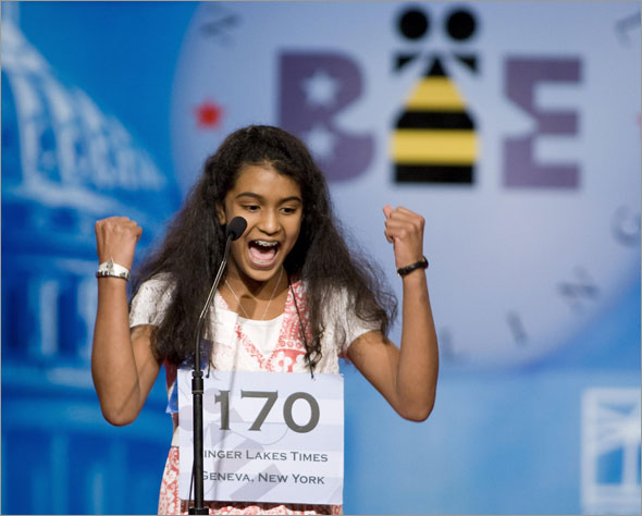 New York speller Neetu Chandak, 13, of Finger Lakes, New York, celebrates in the semi-final round of the 2009 National Spelling Bee in Washington, May 28, 2009.