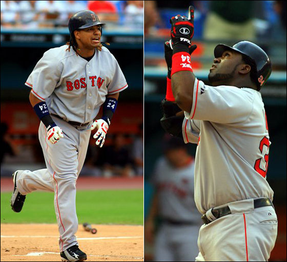 Manny Ramirez watches the 2,000th hit of his career, a three-run home run off Florida Marlins pitcher Brian Moehler. David Ortiz gestures at home plate after hitting a solo home run off Florida Marlins pitcher Anibal Sanchez in the third inning.