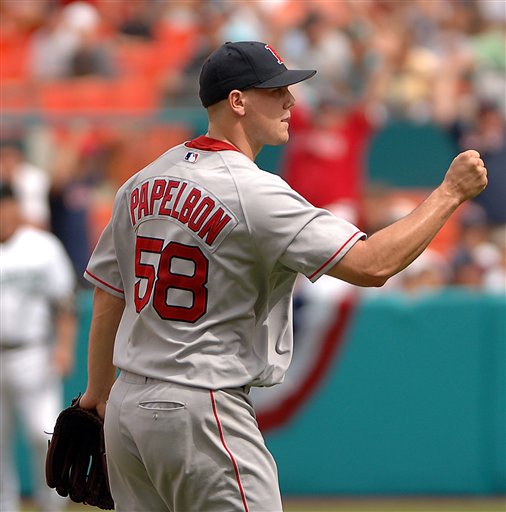 Red Sox relief pitcher Jonathan Papelbon pumps his fist after defeating the Florida Marlins 4-3 in a baseball game, Sunday, July 2, 2006, at Dolphin Stadium in Miami.