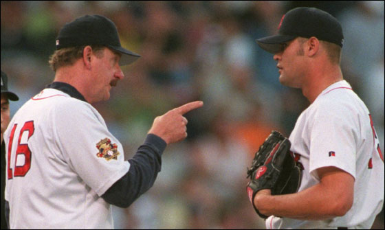 May 1, 2001 -- Red Sox vs. Oakland  pitching coach Joe Kerrigan talks to Paxton Crawford on the mound.