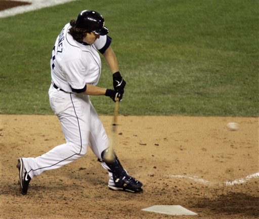 Magglio Ordonez hits a three run home run in the ninth inning against Oakland Athletics pitcher Huston Street in Game 4 of the American League Championship Series in Detroit, Saturday, Oct. 14, 2006. The Tigers defeated the Athletics 6-3 to sweep the Athletics and advance to the World Series.
