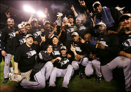 The Chicago White Sox gather on the field for a group photo after they win the American League Pennant by a score of 6-3 against the Los Angeles Angels of Anaheim during Game Five of the American League Championship Series on October 16, 2005 at Angel Stadium in Anaheim, California. The White Sox win their first American League Pennant since 1959.