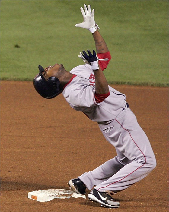 Pinch runner Willie Harris of the Red Sox reacted after he was caught stealing second base for the final out of the game in the top of the 9th inning on May 17, 2006 at Oriole Park at Camden Yards in Baltimore, Maryland.