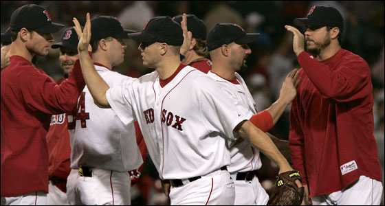 Red Sox vs. Tampa Bay Devil Rays at Fenway Park -- Sox closer Jonathan Papelbon, at center, got the save and the win for starter Josh Beckett, at right.