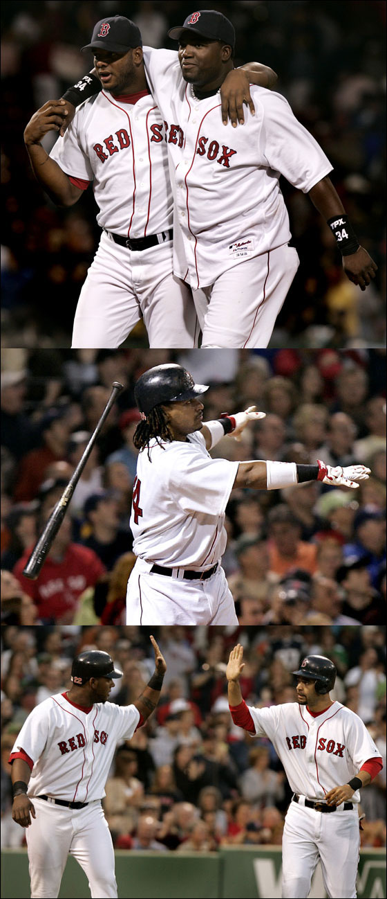 1. Wily Mo Pena and David Ortiz walk off the field arm in arm after tonight's win over the Orioles. - 2. Manny Ramirez flips his bat after his 4th inning leadoff homer. - 3. Wily Mo Pena and Mike Lowell score in the 2nd inning on a single by Alex Gonzalez.