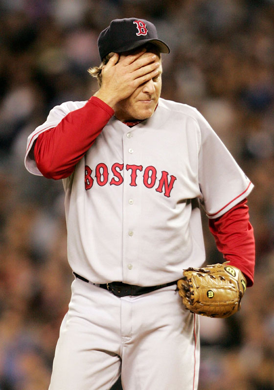 Curt Schilling wiped sweat off of his forehead in the middle of a difficult fifth inning.
