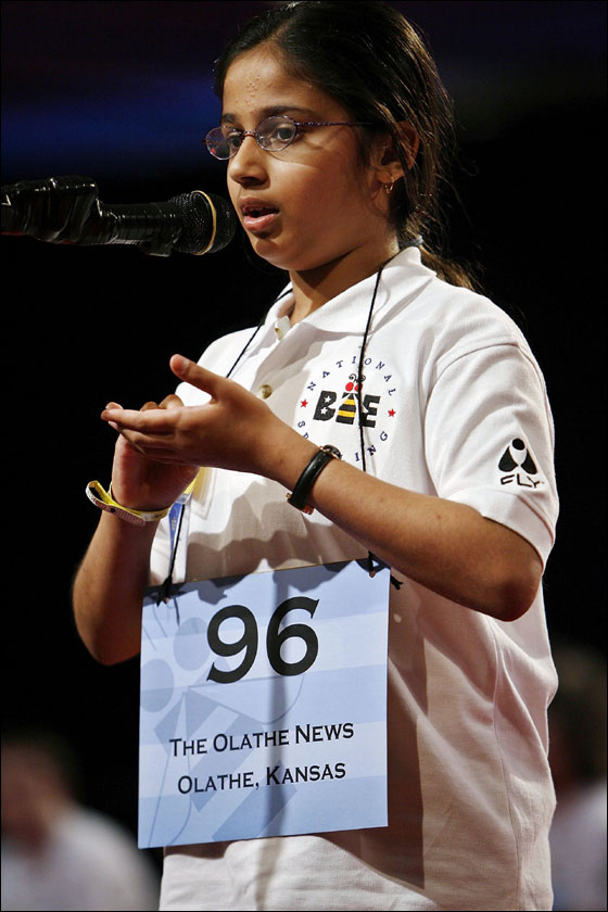 Kavya Shivashankar, 10, of Olathe, Kansas, uses her hands while spelling a word during the fifth round of competition at the 2006 Scripps National Spelling Bee June 1, 2006 in Washington, DC. This is the first year that the spelling bee will be broadcast on primetime television.