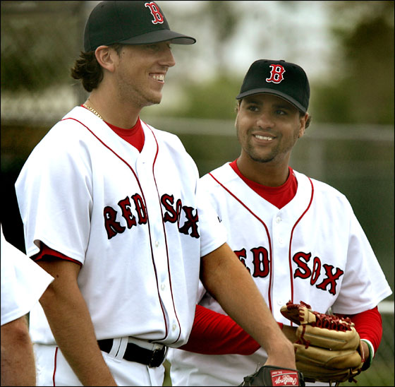 Red Sox Spring Training at the Red Sox Player Development Complex. Rookie pitcher Craig Hansen, at left, and Manny Delcarmen, at right