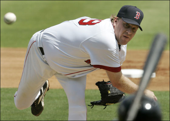 Red Sox starter Curt Schilling delivers to Baltimore Orioles Brian Roberts during their spring training baseball game in Fort Myers, Fla., Friday March 23, 2007.  Schilling got the win, giving up two runs and six hits over seven innings, as the Sox defeated the Orioles 3-2.  