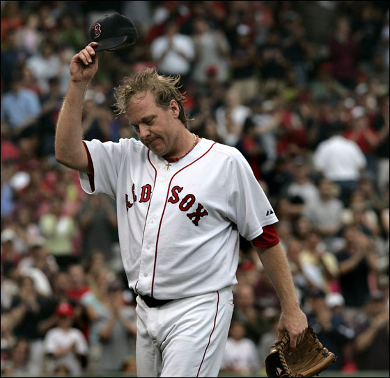 Boston Red Sox vs. Philadelphia Phillies-Game 2 - Curt Schilling tips his cap to the fans after leaving with bases loaded in the 7th inning.