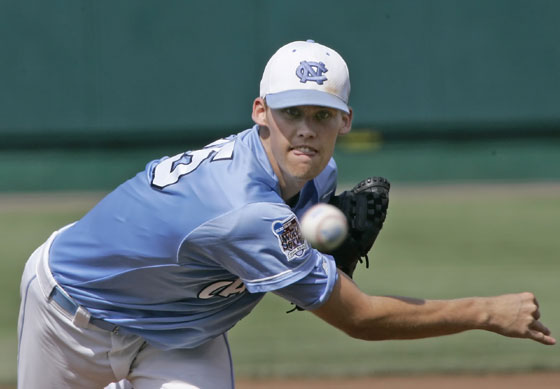 North Carolina starting pitcher Daniel Bard delivers against Cal State Fullerton in the first inning of a College World Series baseball game in Omaha, Neb., Wedesday, June 21, 2006.