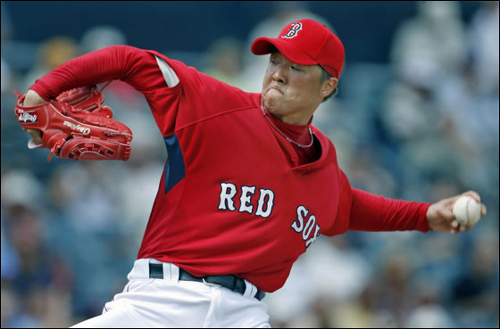 Red Sox left handed reliever Hideki Okajima made his Boston Spring Training debut during this afternoon's game vs the Toronto Blue Jays at City of Palms Park.