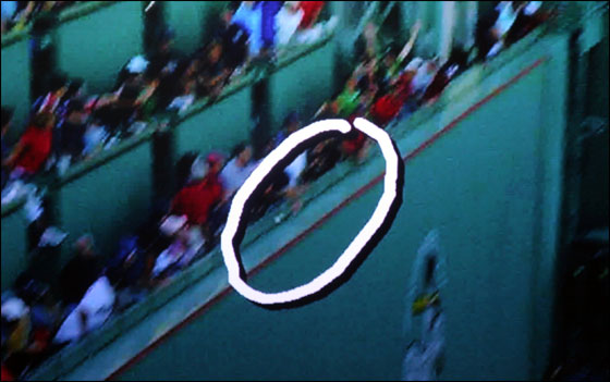 Umps make wrong call on J.D. Drew drive that went over the wall. The ball is the white spot within the circle on this NESN screenshot