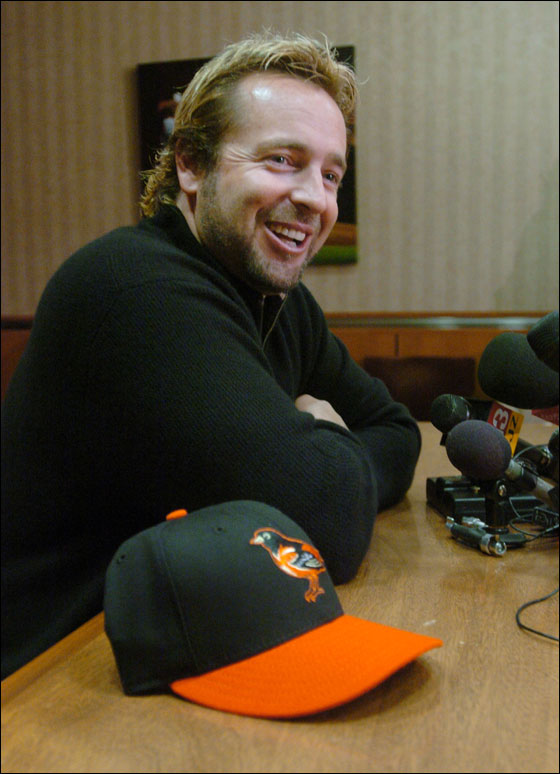 New Baltimore Orioles first baseman Kevin Millar talks with reporters, Thursday, Jan. 12, 2006, in Baltimore. Millar agreed to a $2.1 million, one-year contract Thursday with the Orioles, who hope the former Boston Red Sox star can provide leadership and some punch in the lineup.