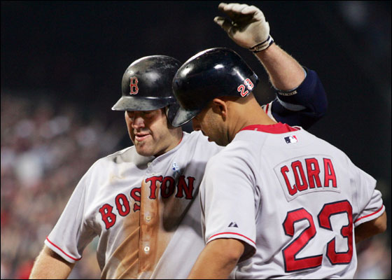 Red Sox hitter Kevin Youkilis (L) is congratulated by teammate Alex Cora after a two-run home run off of Atlanta Braves relief pitcher Chad Paronto in the eighth inning of their MLB interleague baseball game in Atlanta, Georgia, June 18, 2006.