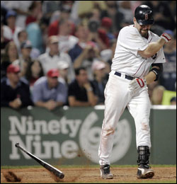 Boston Red Sox first baseman Kevin Youkilis throws his bat after striking out against A.J. Pierzynski and the Chicago White Sox to end the seventh inning of their American League MLB baseball game at Fenway Park in Boston, Massachusetts July 19, 2007.