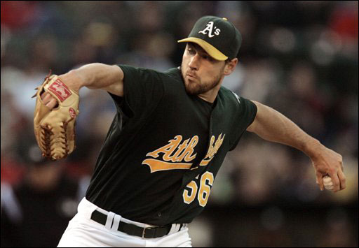 Oakland Athletics' Lenny DiNardo works against the Boston Red Sox in the first inning of a baseball game Tuesday, June 5, 2007, in Oakland, Calif.