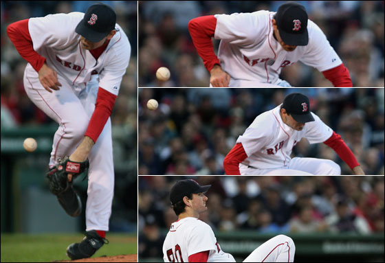 Red Sox starting pitcher Matt Clement, who last season was hit by a line drive, had another scary moment in the second inning when a shot off the bat of the Yankees Bernie Williams struck him. He is shown in a three picture sequence as the ball bounces off of him. He hit the ground, but got up and remained in the game.