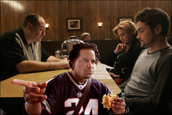 This photo shows actors from The Sopranos James Gandolfini, Edie Falco and Robert Iler waiting to order food in a restaurant in the final scenes from the series finale of the HBO drama television series 'The Sopranos'. The series finale left audiences wondering about the fate of character Tony Soprano.